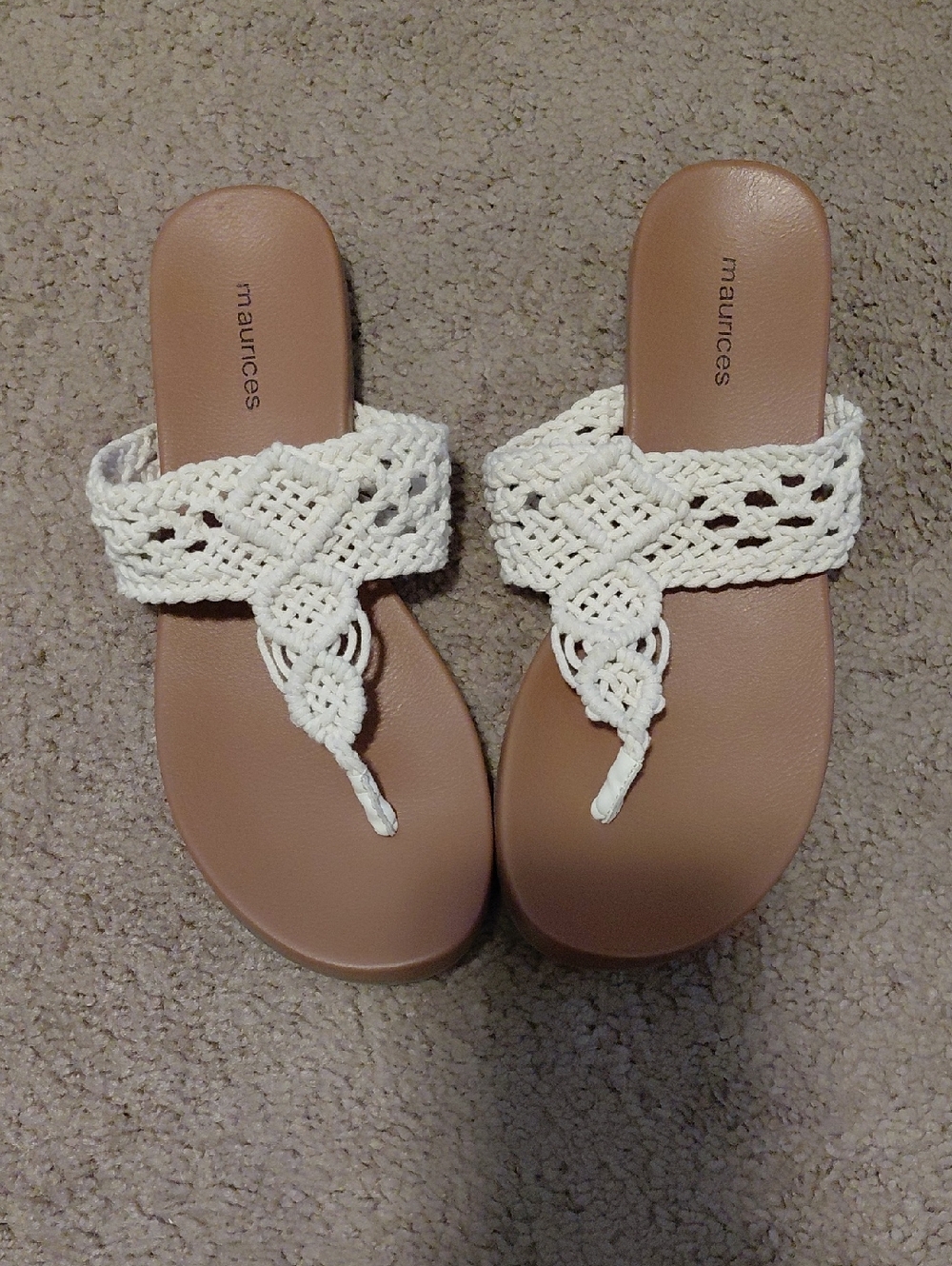 Maurices White Crochet T-Strap Slide Sandals with Tan Footbed
